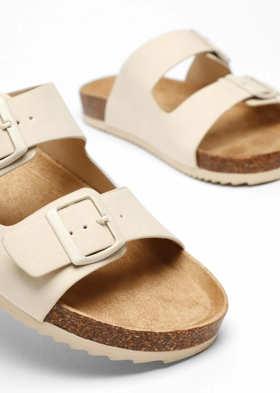 Quiz Natural Faux Leather Double Strap Flat Sandals