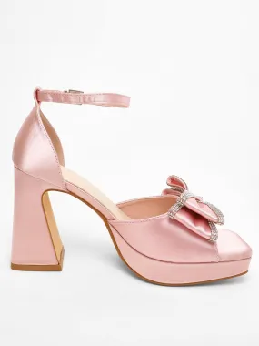 Quiz Pink Satin Bow Front Platform Heeled Sandals