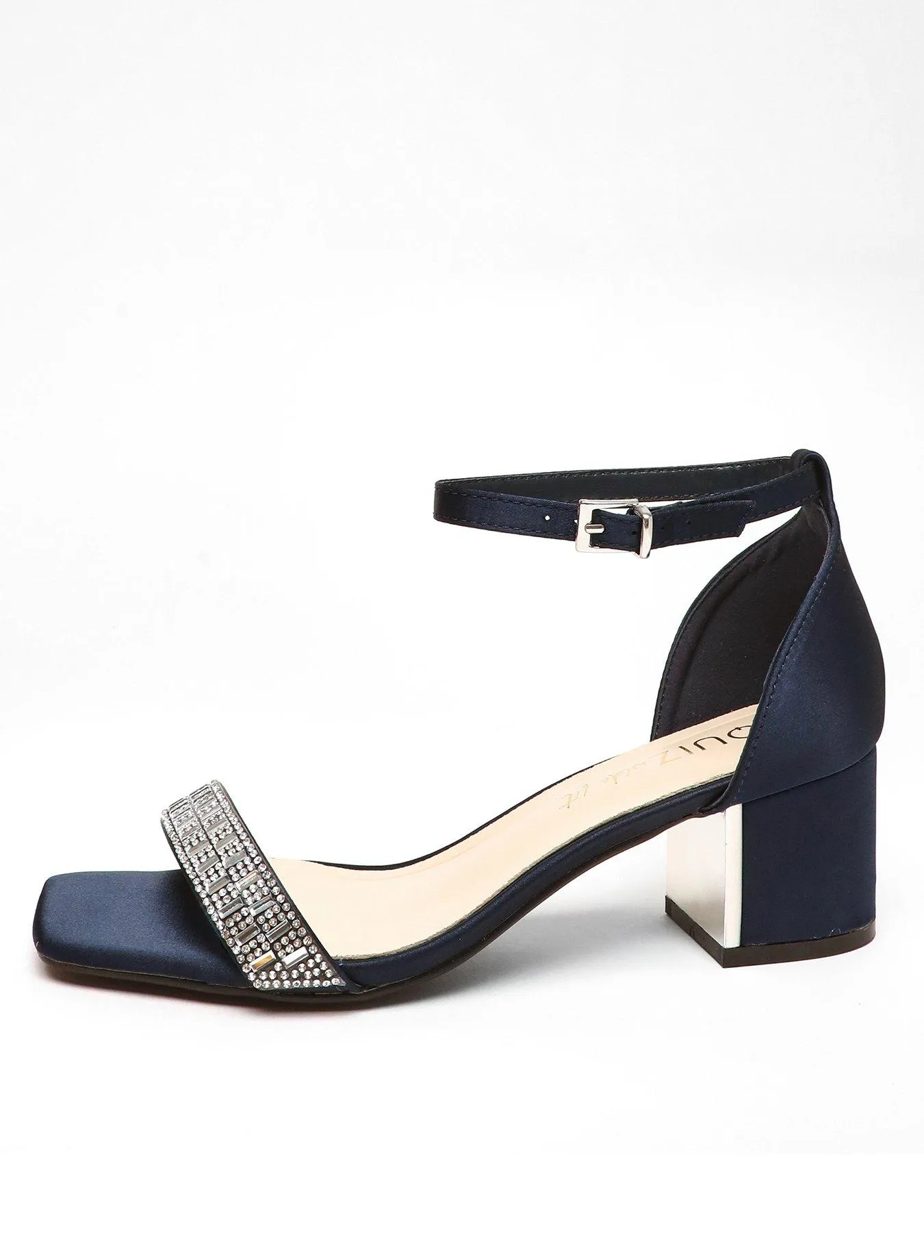 Quiz Wide Fit Navy Satin Diamante Low Block Heeled Sandals