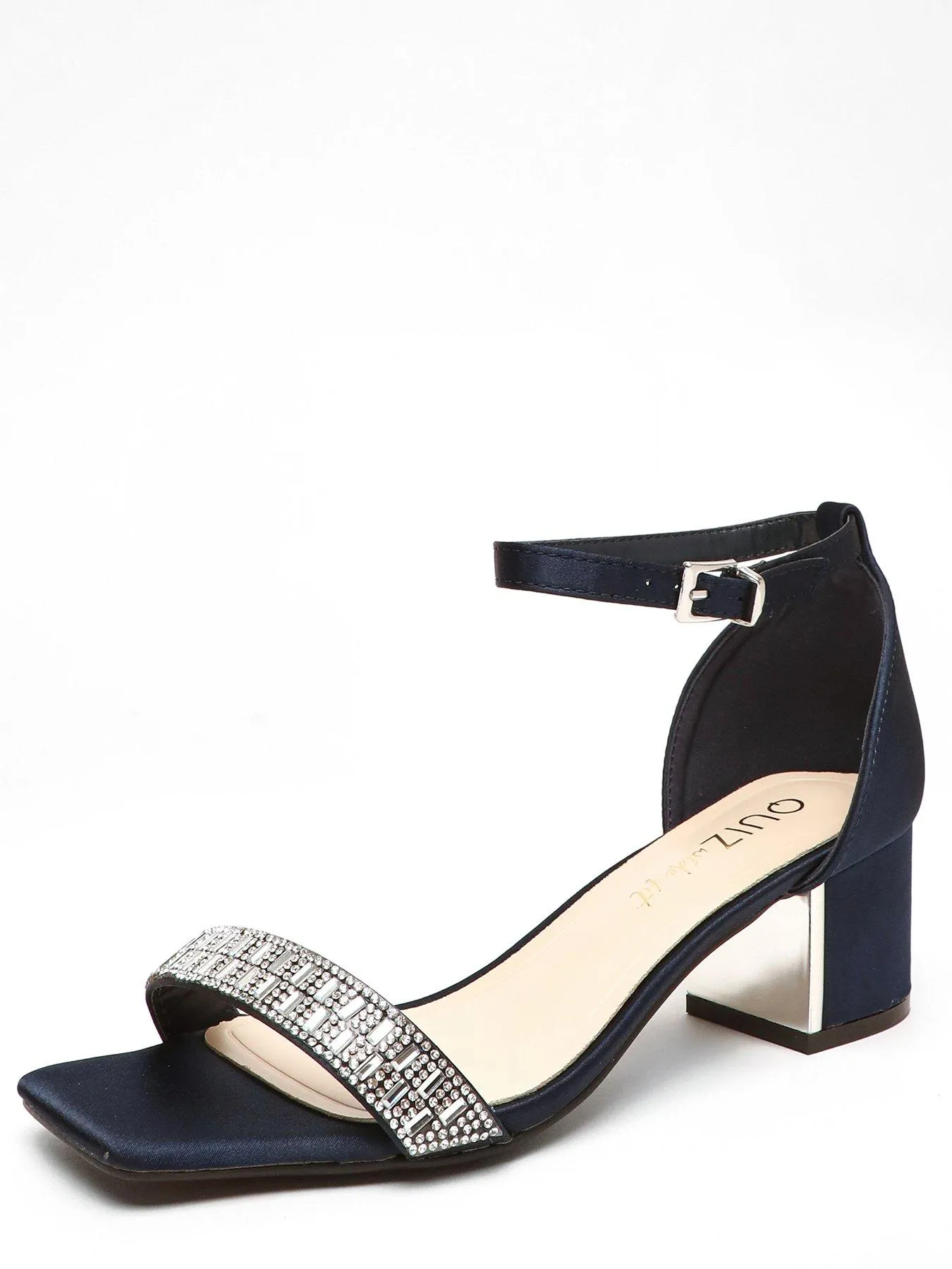 Quiz Wide Fit Navy Satin Diamante Low Block Heeled Sandals