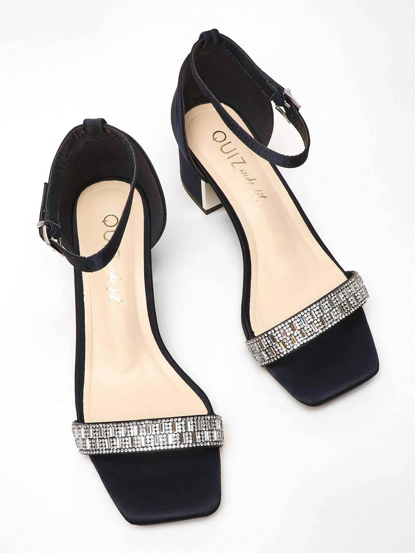 Quiz Wide Fit Navy Satin Diamante Low Block Heeled Sandals