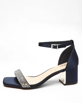 Quiz Wide Fit Navy Satin Diamante Low Block Heeled Sandals