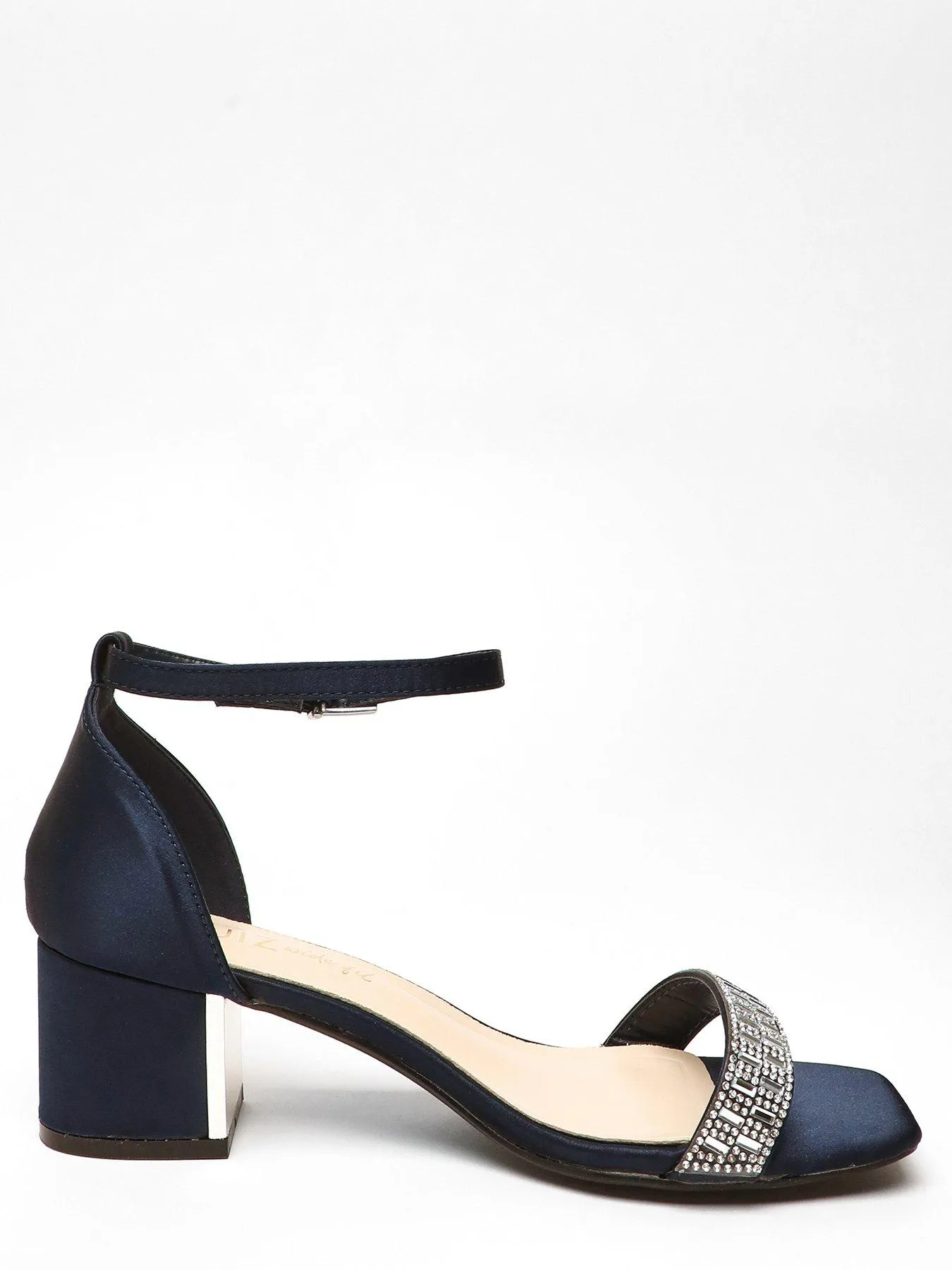 Quiz Wide Fit Navy Satin Diamante Low Block Heeled Sandals