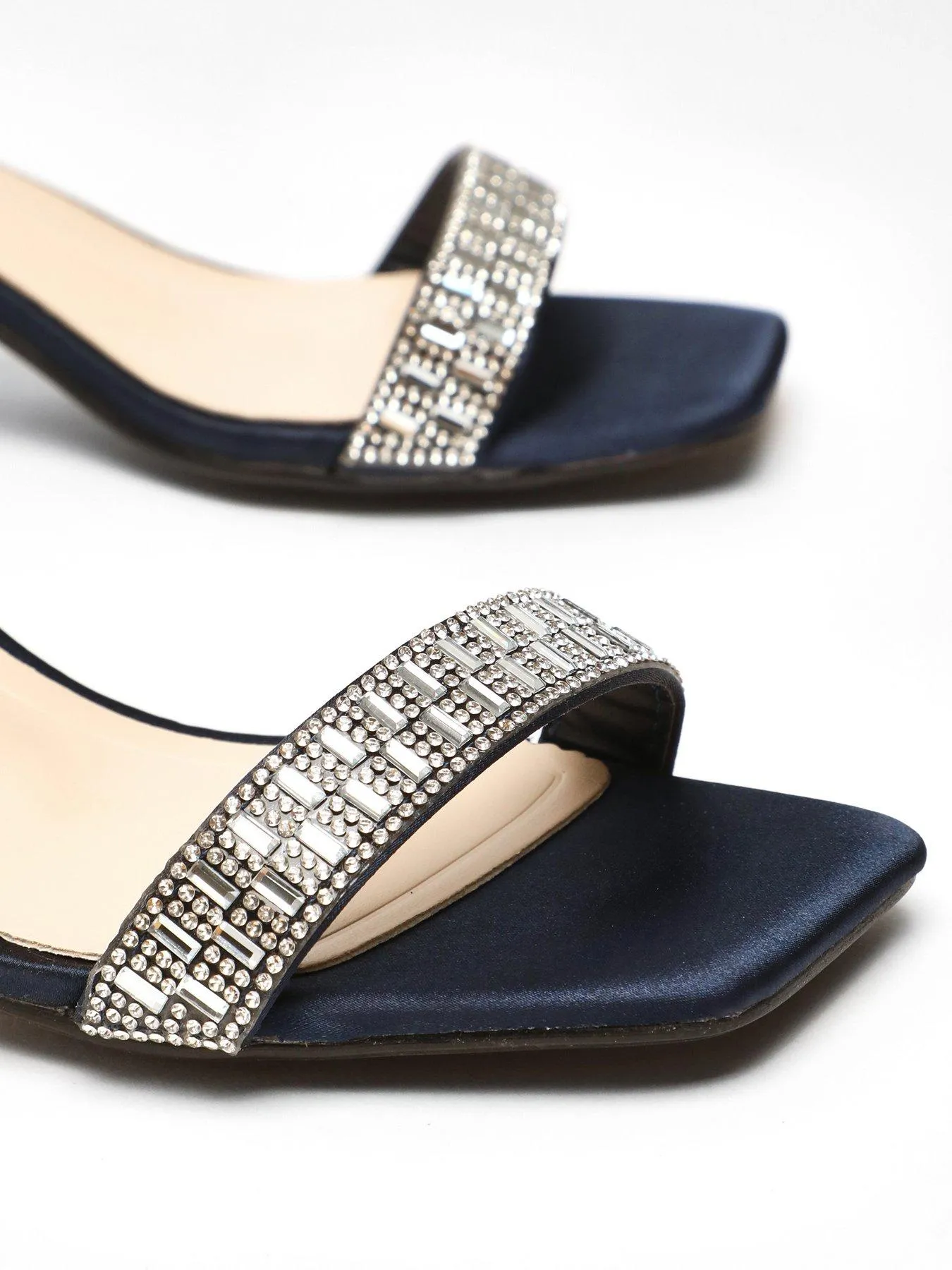 Quiz Wide Fit Navy Satin Diamante Low Block Heeled Sandals