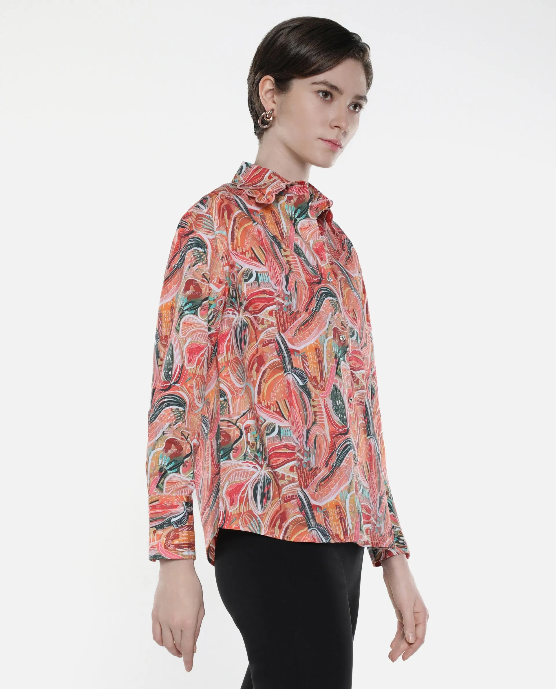 Rareism Women Fitte Multi Cuffed Sleeves Collared Neck Button Closure Abstract Print Shirt