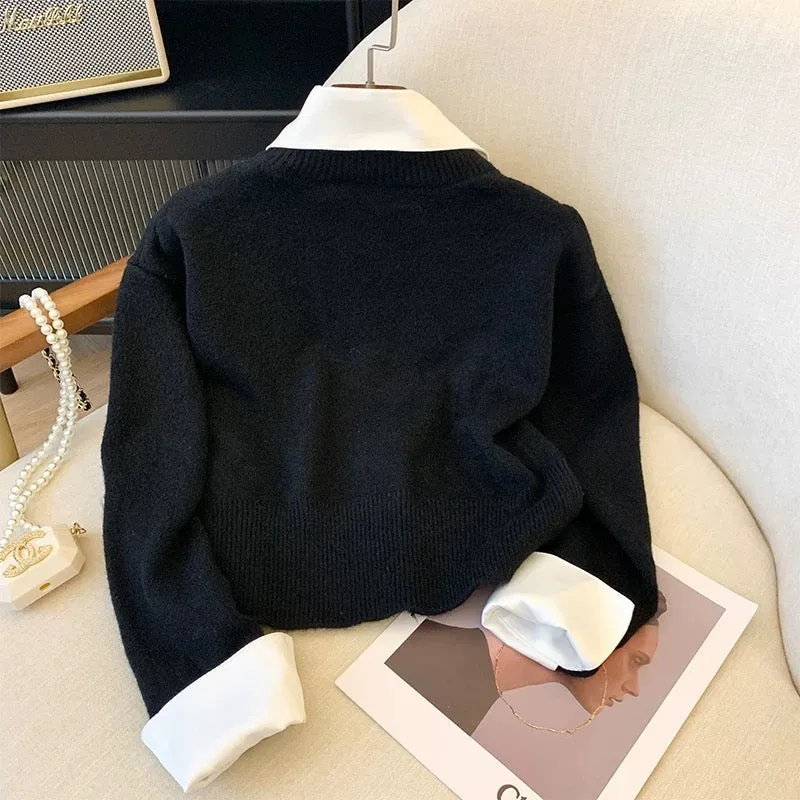 Recommended by Nancy Cici for her own use ~ Xiaoxiangfeng knitted splicing long-sleeved fake two-piece loose shirt cardigan for 