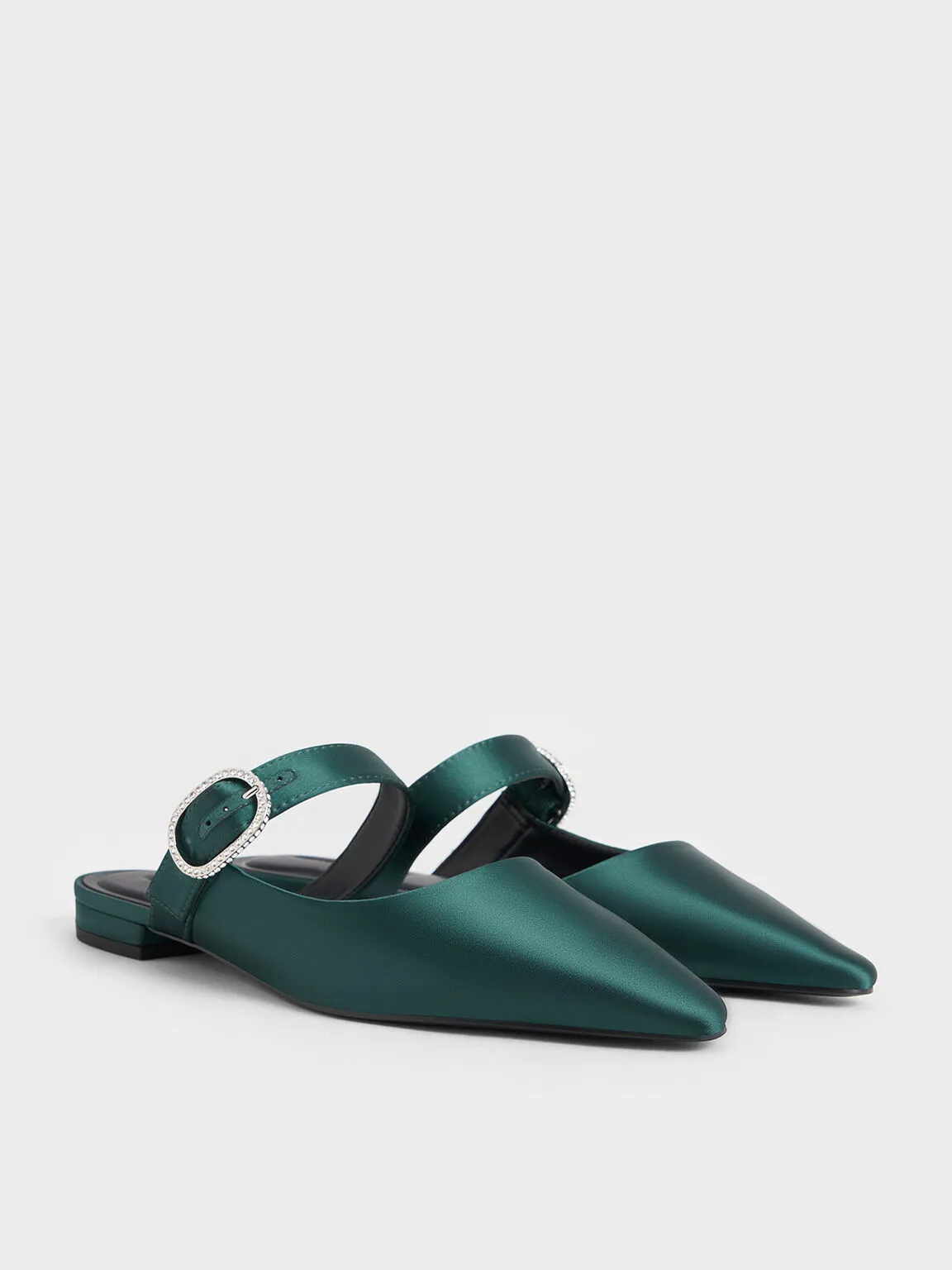 Recycled Polyester Crystal-Buckle Pointed-Toe Mules - Dark Green
