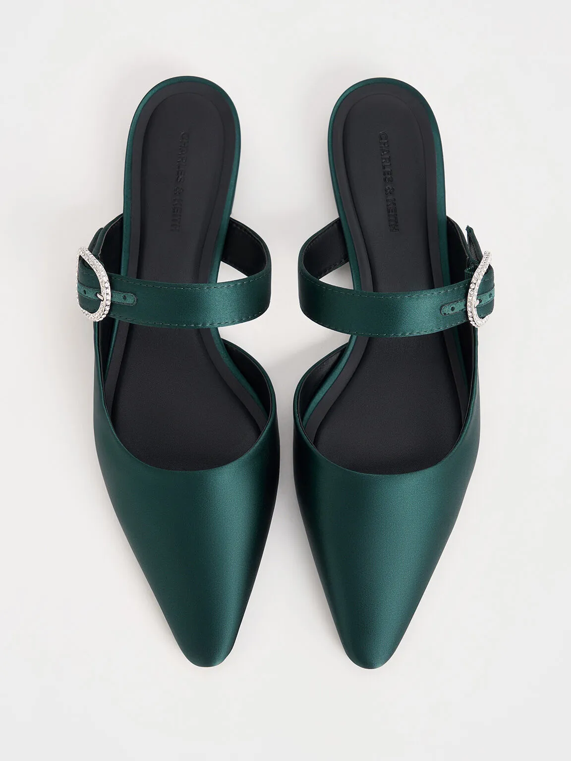Recycled Polyester Crystal-Buckle Pointed-Toe Mules - Dark Green