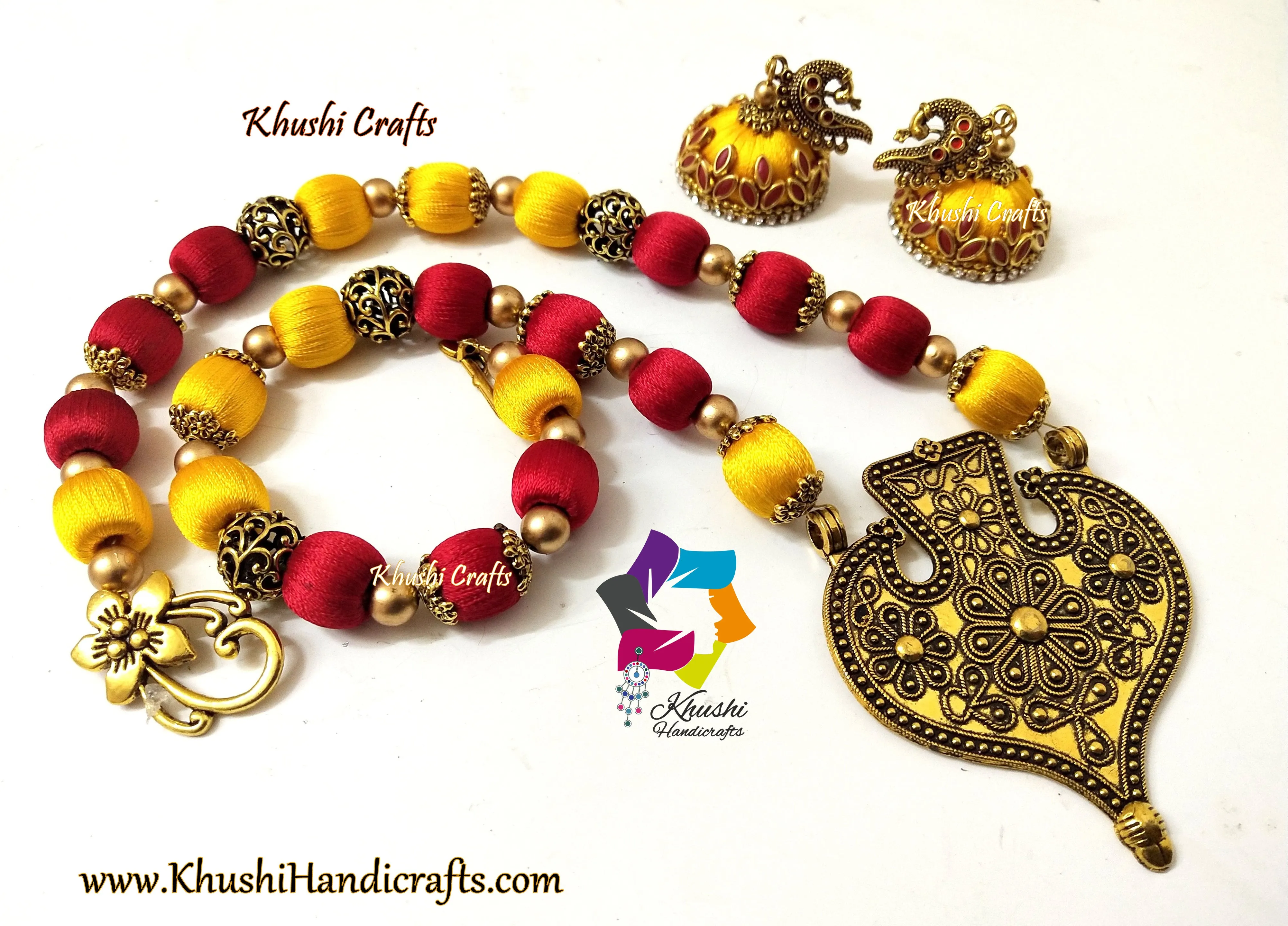 Red and Yellow Silk Thread Jewelry Set with Designer Pendant