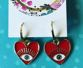 Red Enamel Evil Eye Heart Earrings