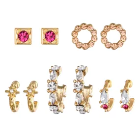 Red Stone & Cubic Zirconia Gold Huggie Earring Set