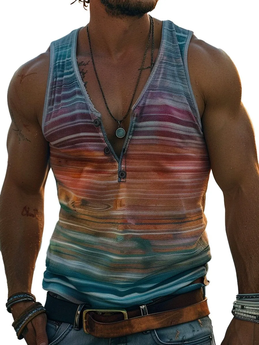 Retro Gradient Rainbow Print Sleeveless Henley Tank Top