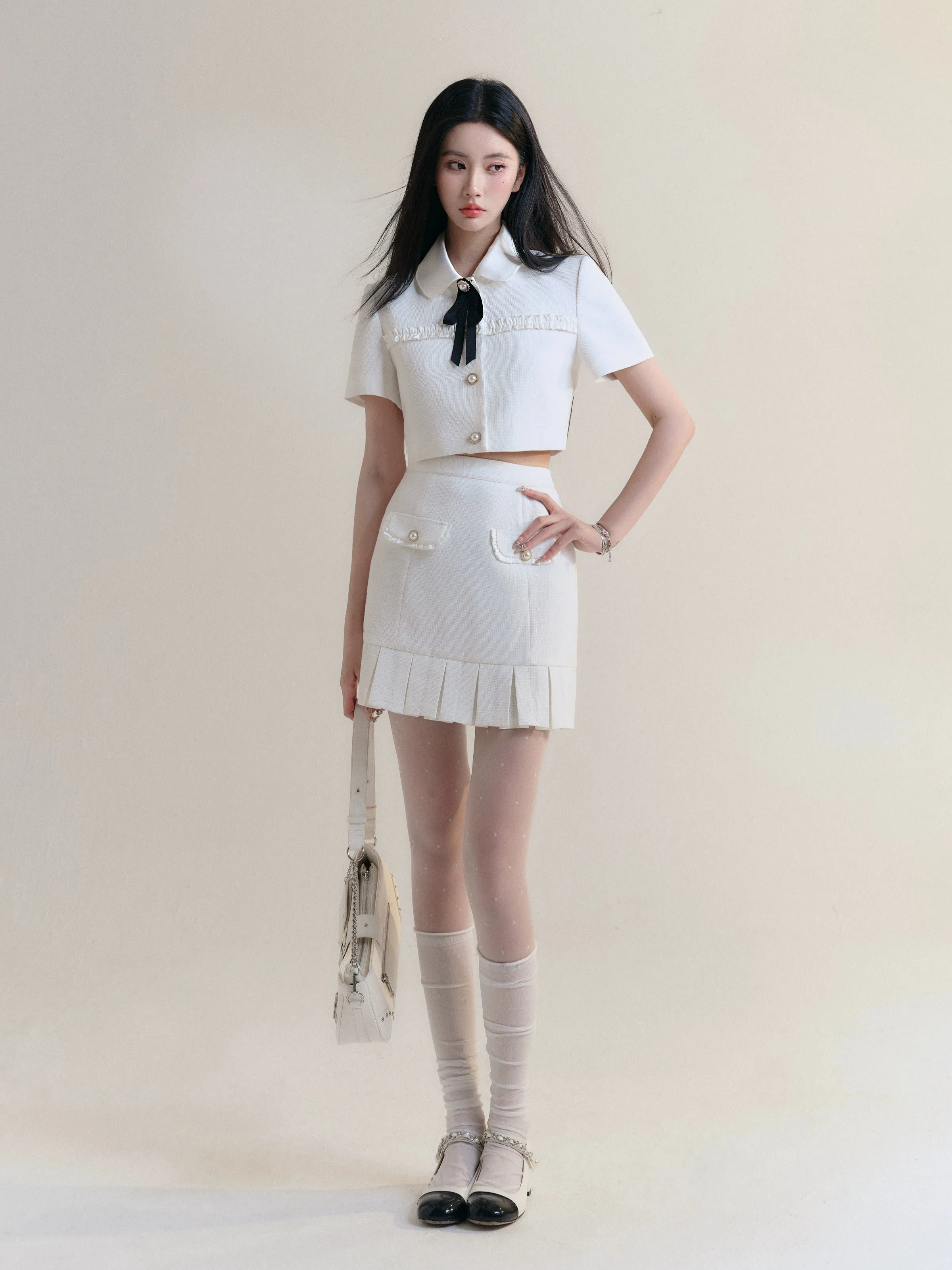 Ribbon Short Sleeve Cropped Jacket ＆ Pleated Frill Mini Skirt