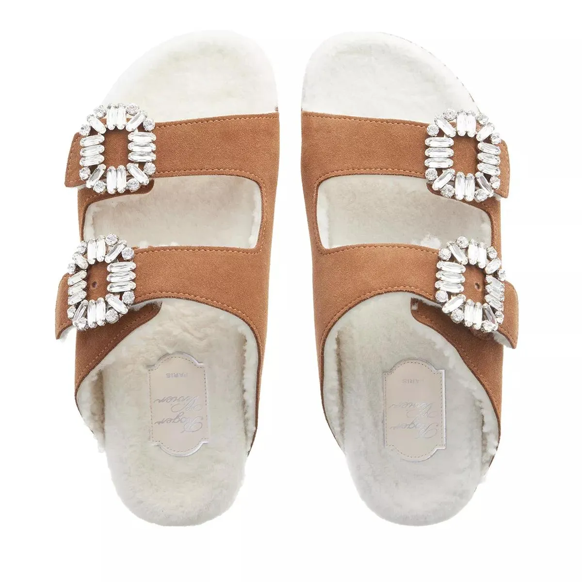 Roger Vivier  Slidy Viv´ Fur Strass Buckle Mules In Suede Brown