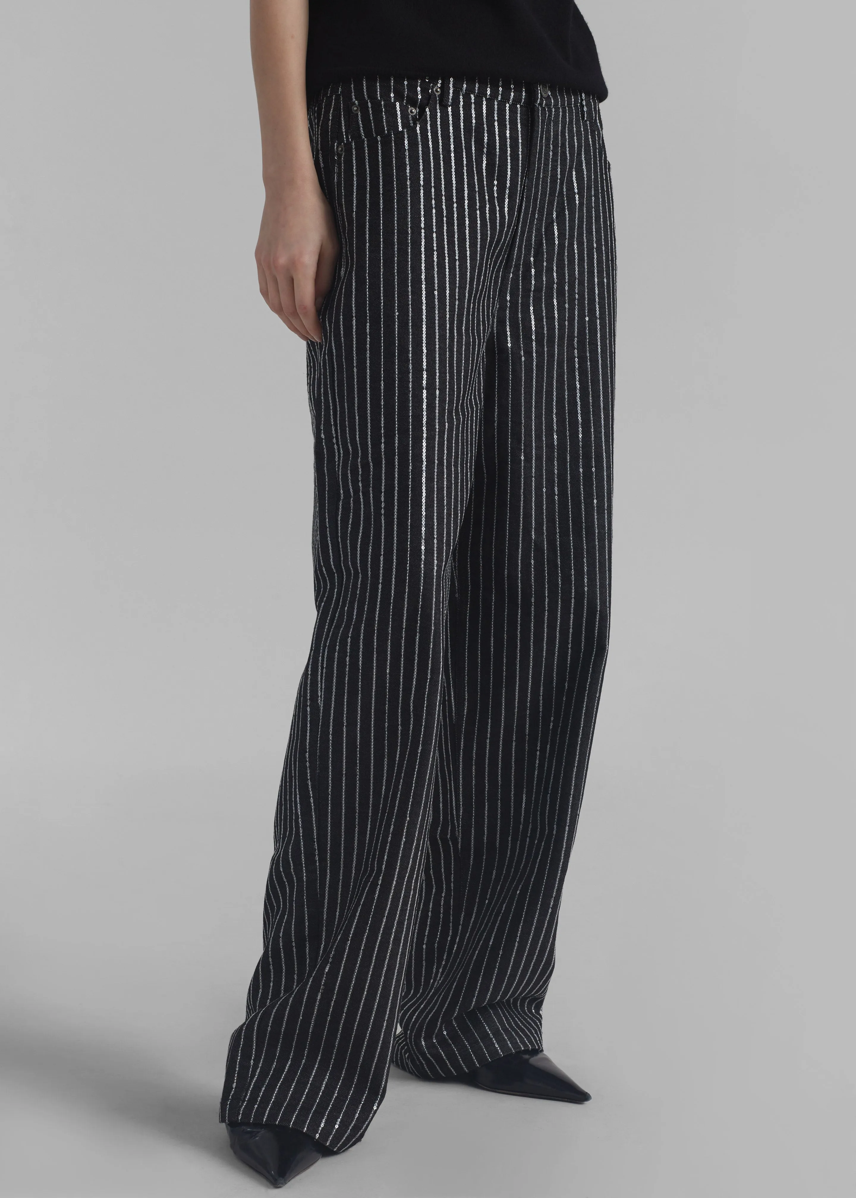Rotate Sequin Twill Wide Pants - Black
