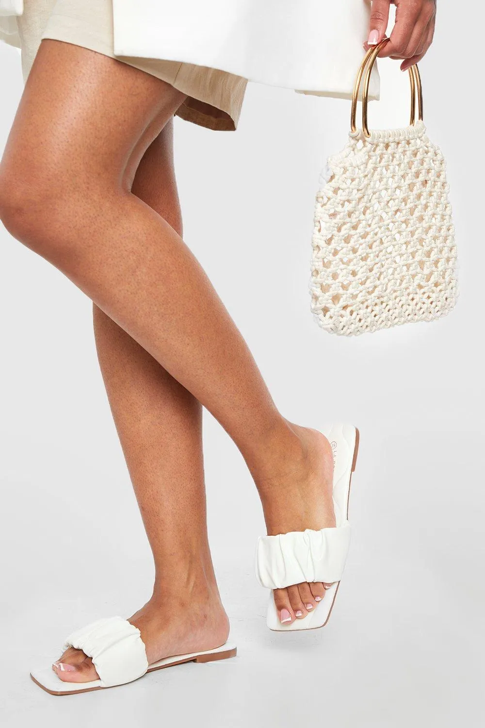 Ruched Front Square Toe Slip On Sandals