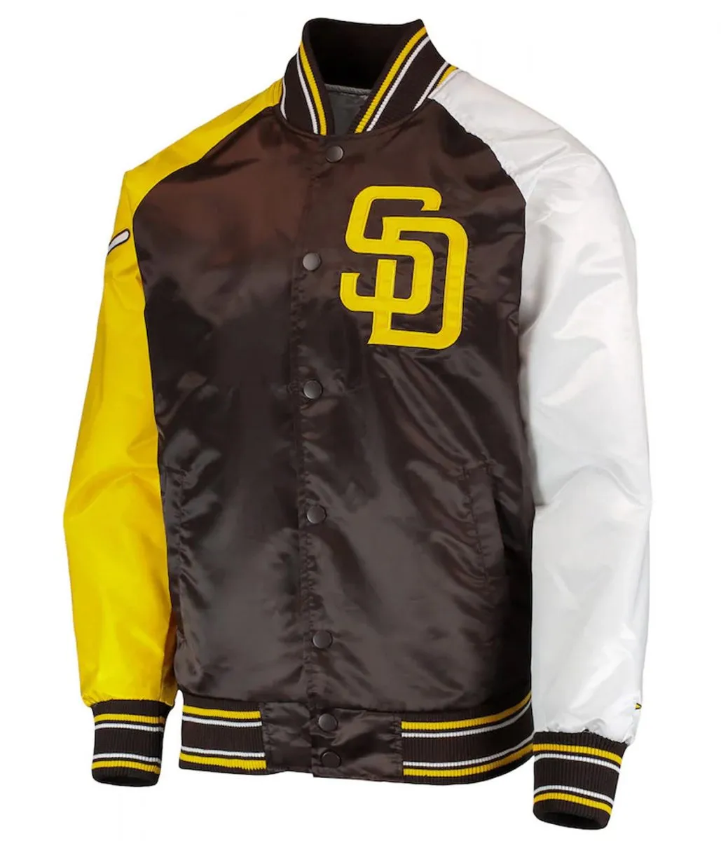 San Diego Padres Raglan Reliever Brown and Gold Satin Varsity Jacket