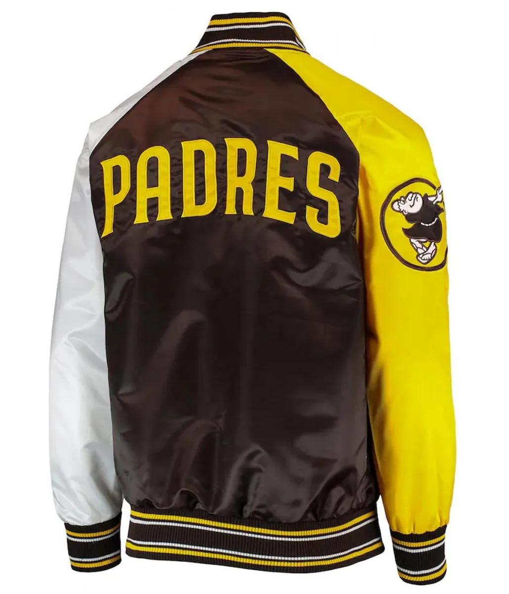 San Diego Padres Raglan Reliever Brown and Gold Satin Varsity Jacket