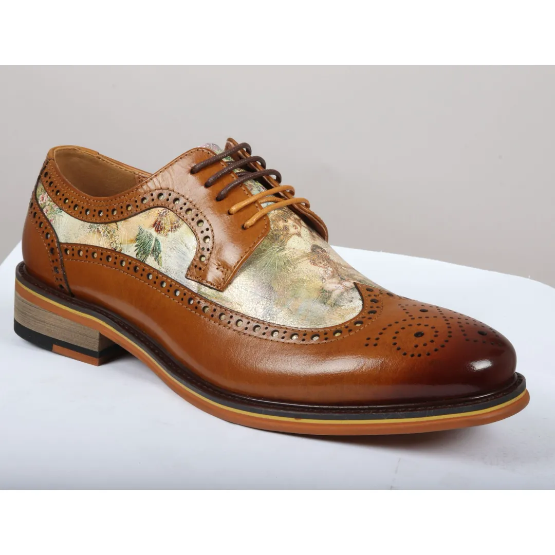 Scott - Men's Brown Iconic Print Leather Brogue Shoes