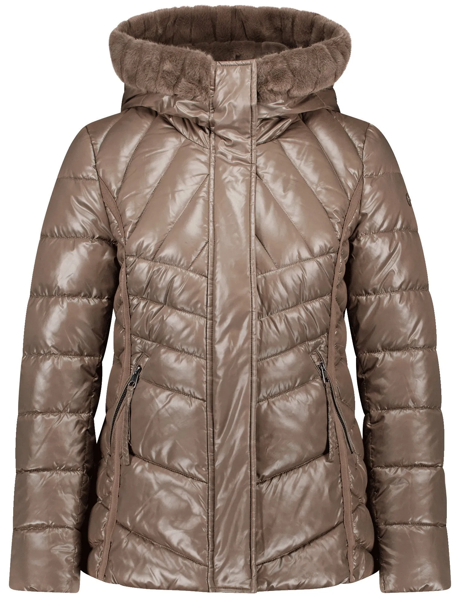 Shiny quilted jacket with faux fur