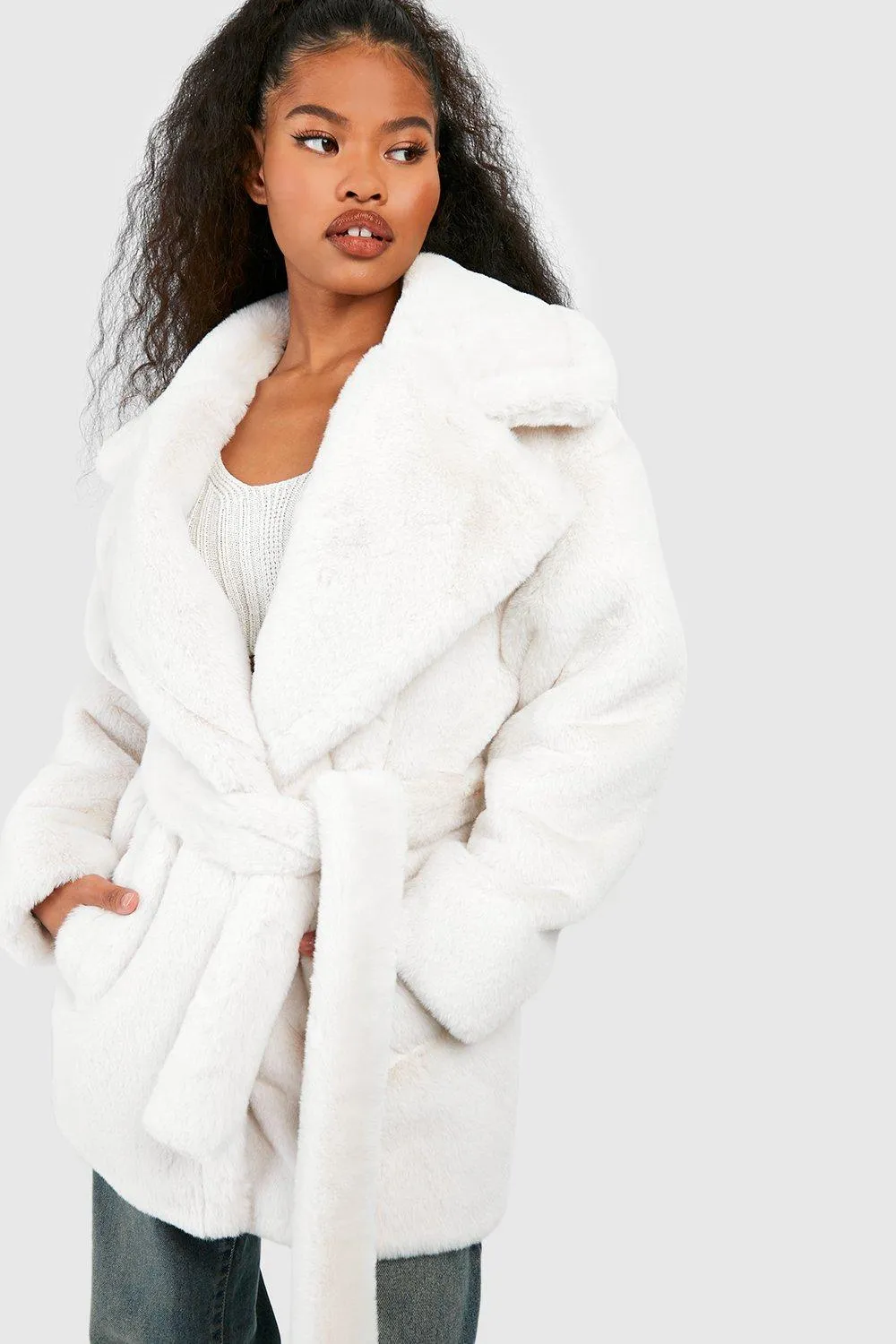 Short Belted Faux Fur Coat