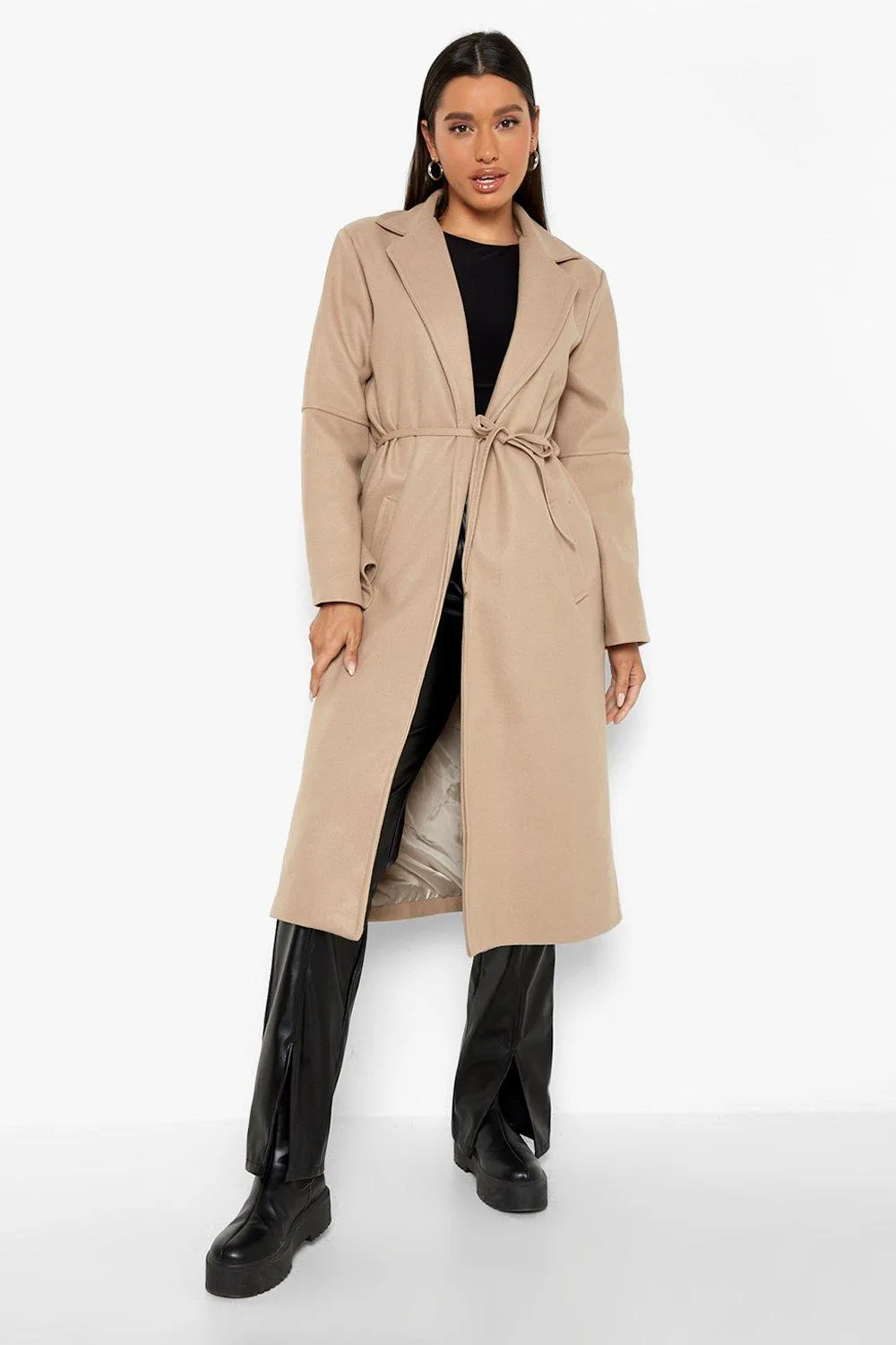 Skinny Belt Wool Look Coat