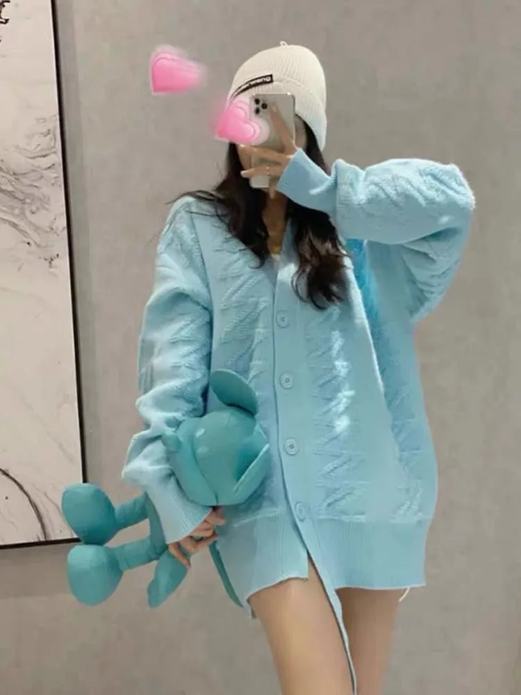 Sweater 2023 New Internet Celebrity Soft, Gentle and Lazy Style Blue Cardigan Jacket Women's Knitted Top Fashionable V1146