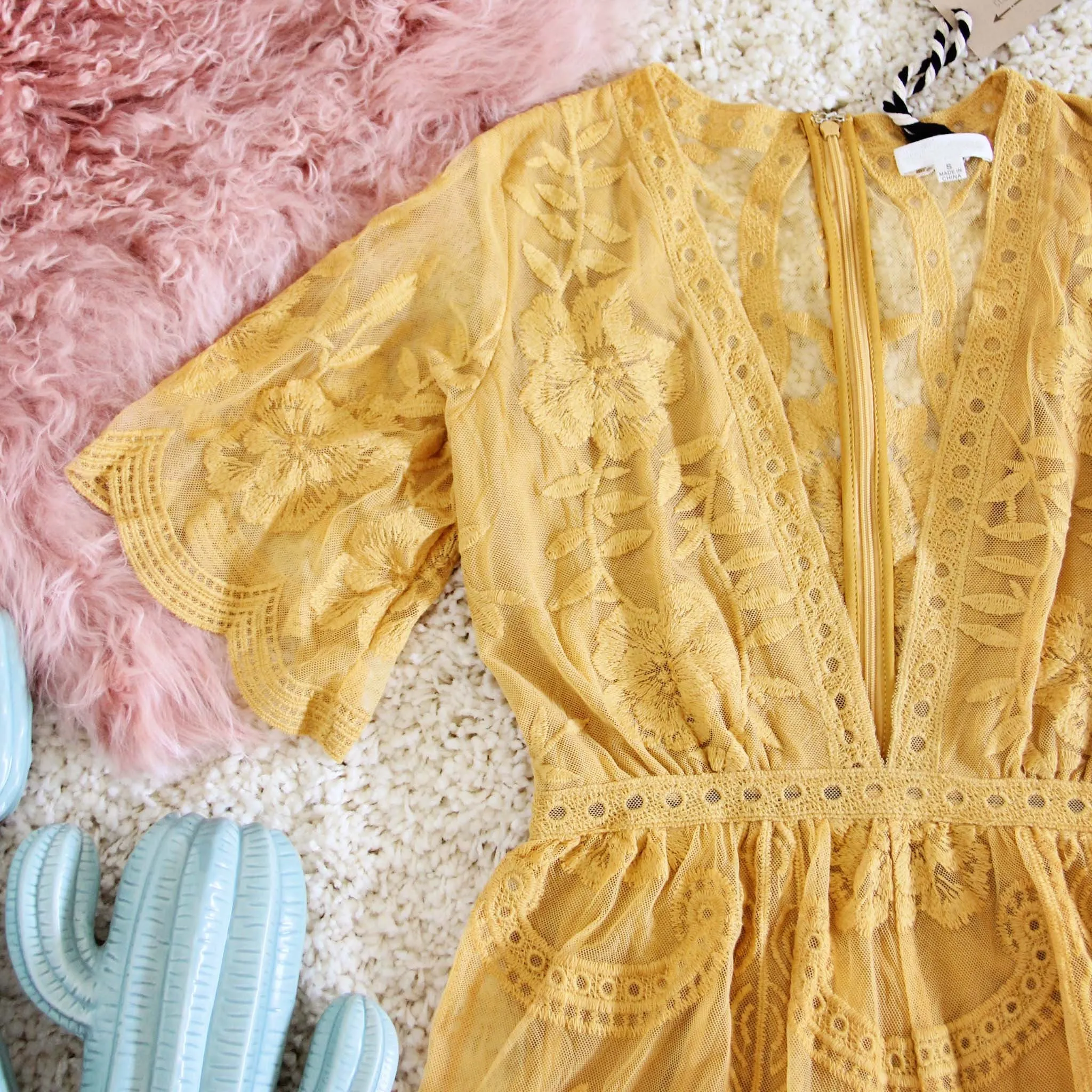Tainted Rose Lace Romper in Mustard