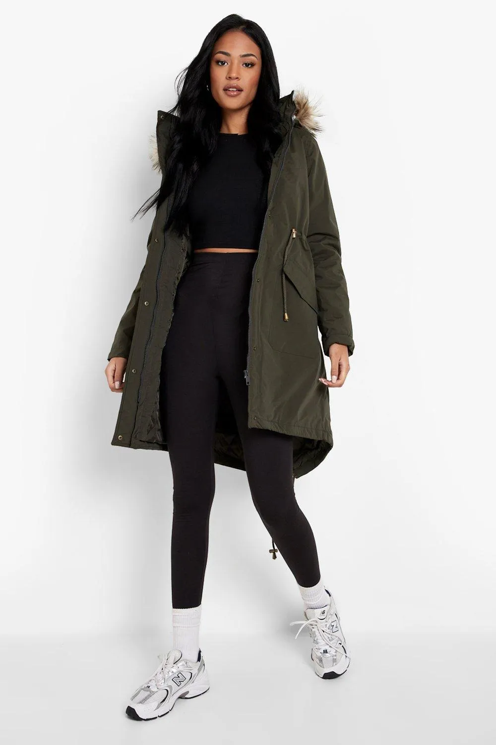 Tall Faux Fur Hood Trim Parka Coat