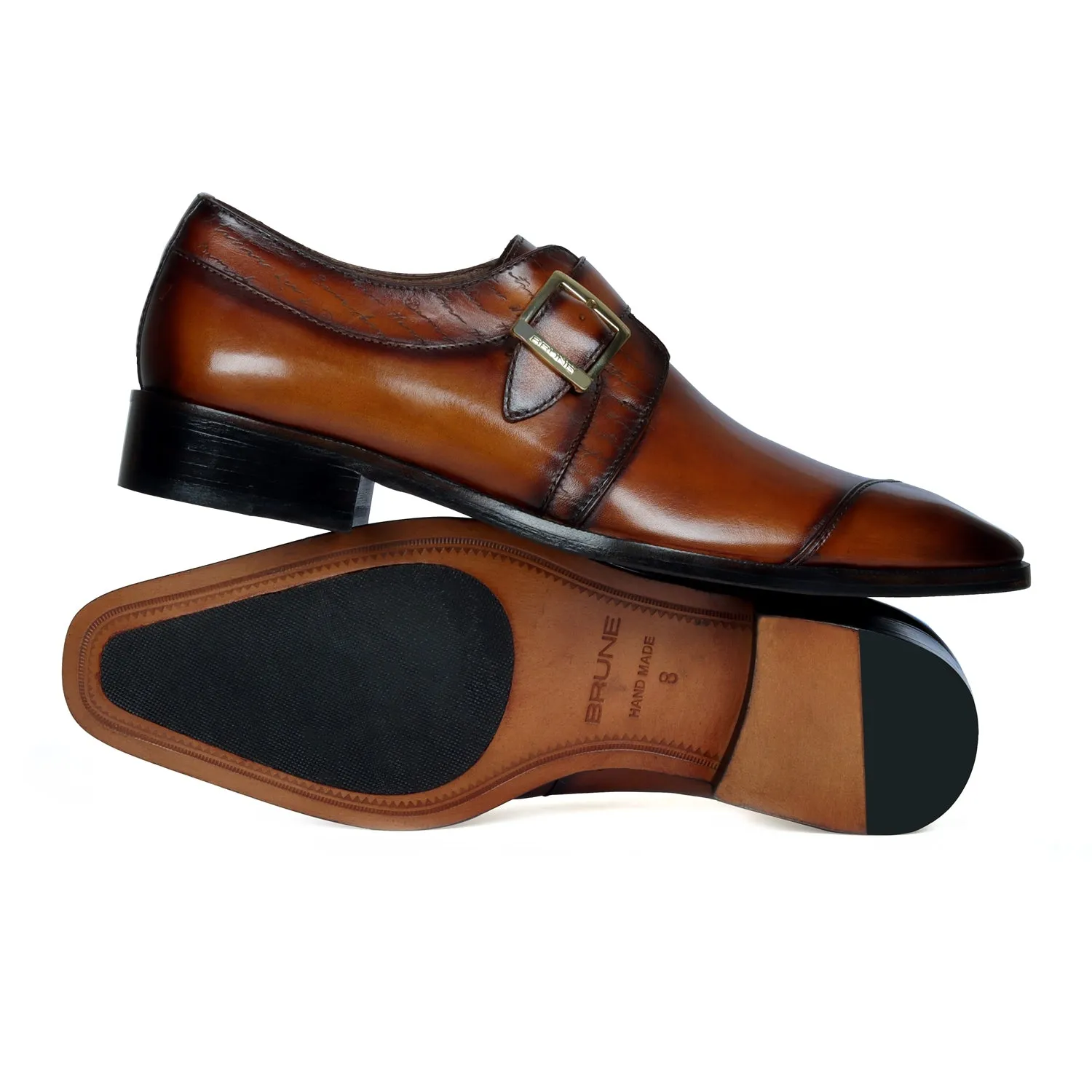 Tan Leather Single Monk Formal Shoes Slant Cap Toe Laser Engraved Top Line By Brune & Bareskin
