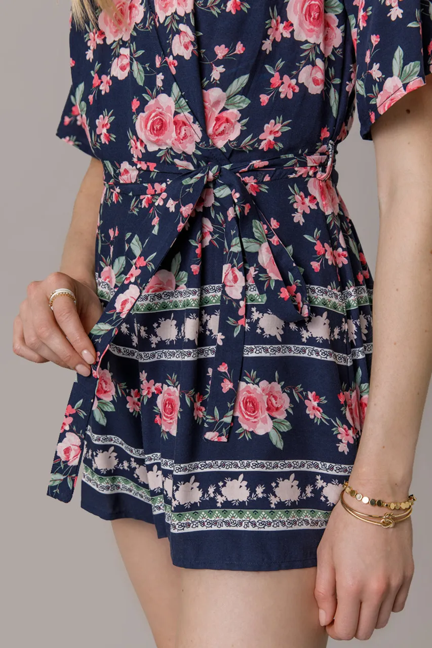 Tess Floral Border Print Surplice Romper