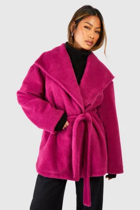 Textured Shawl Collar Belted Longline Wool Look Coat