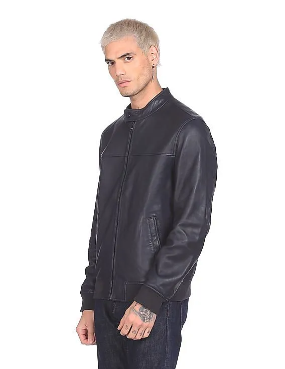 Tommy Hilfiger Men Navy Nappa Harrington Leather Biker Jacket