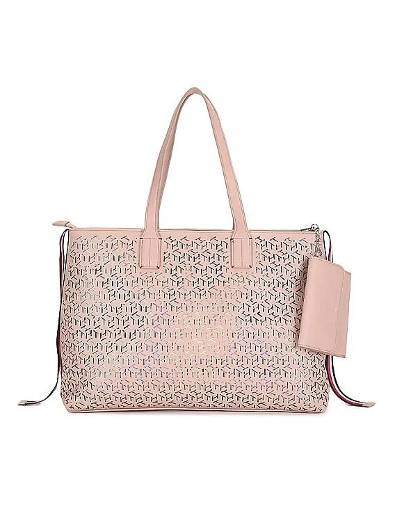 Tommy Hilfiger Women Dusky Pink Laser Cut Logo Tote Bag