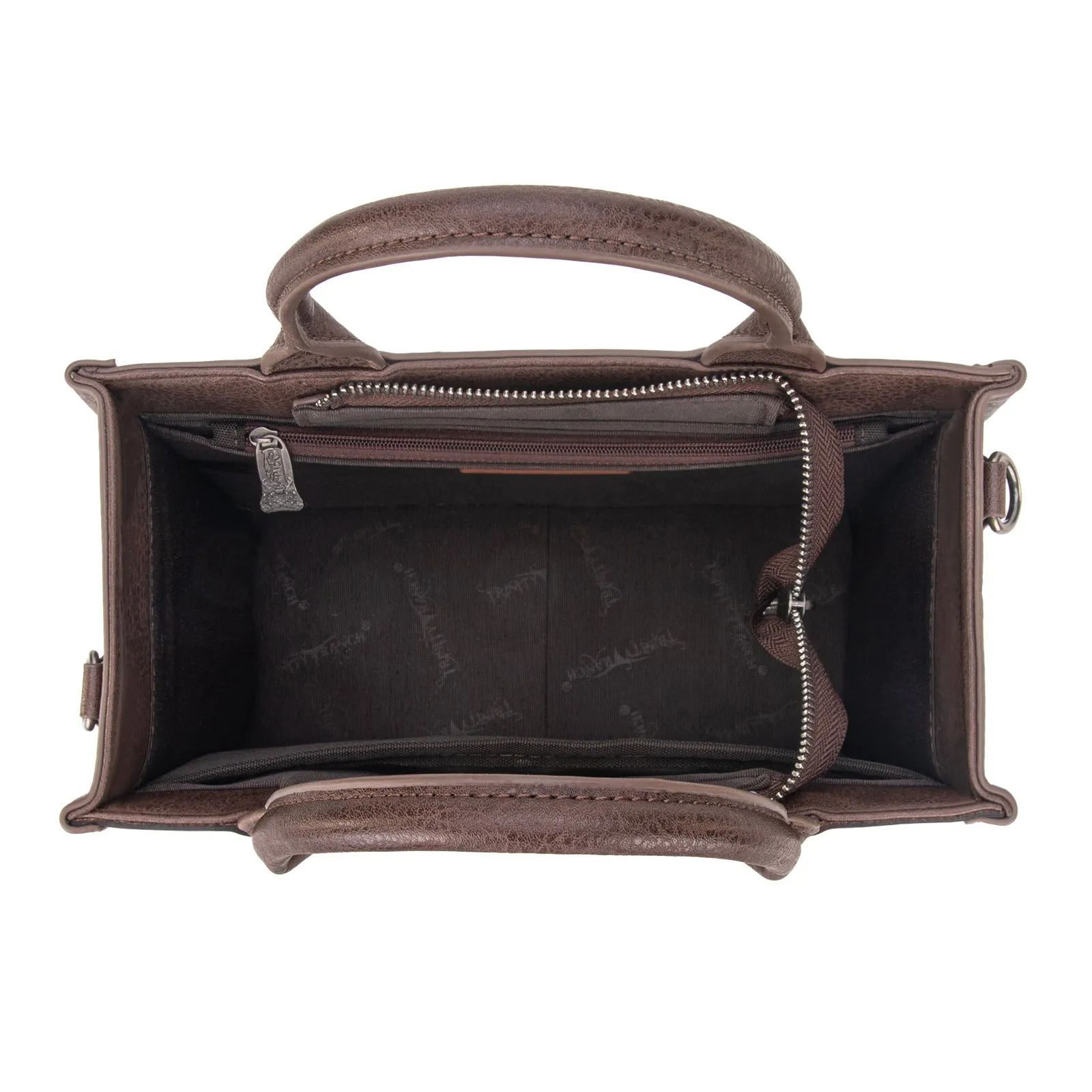 TR178G-8899   Trinity Ranch Hair On Cowhide Floral Tooled Concealed Carry Tote/Crossbody - Coffee