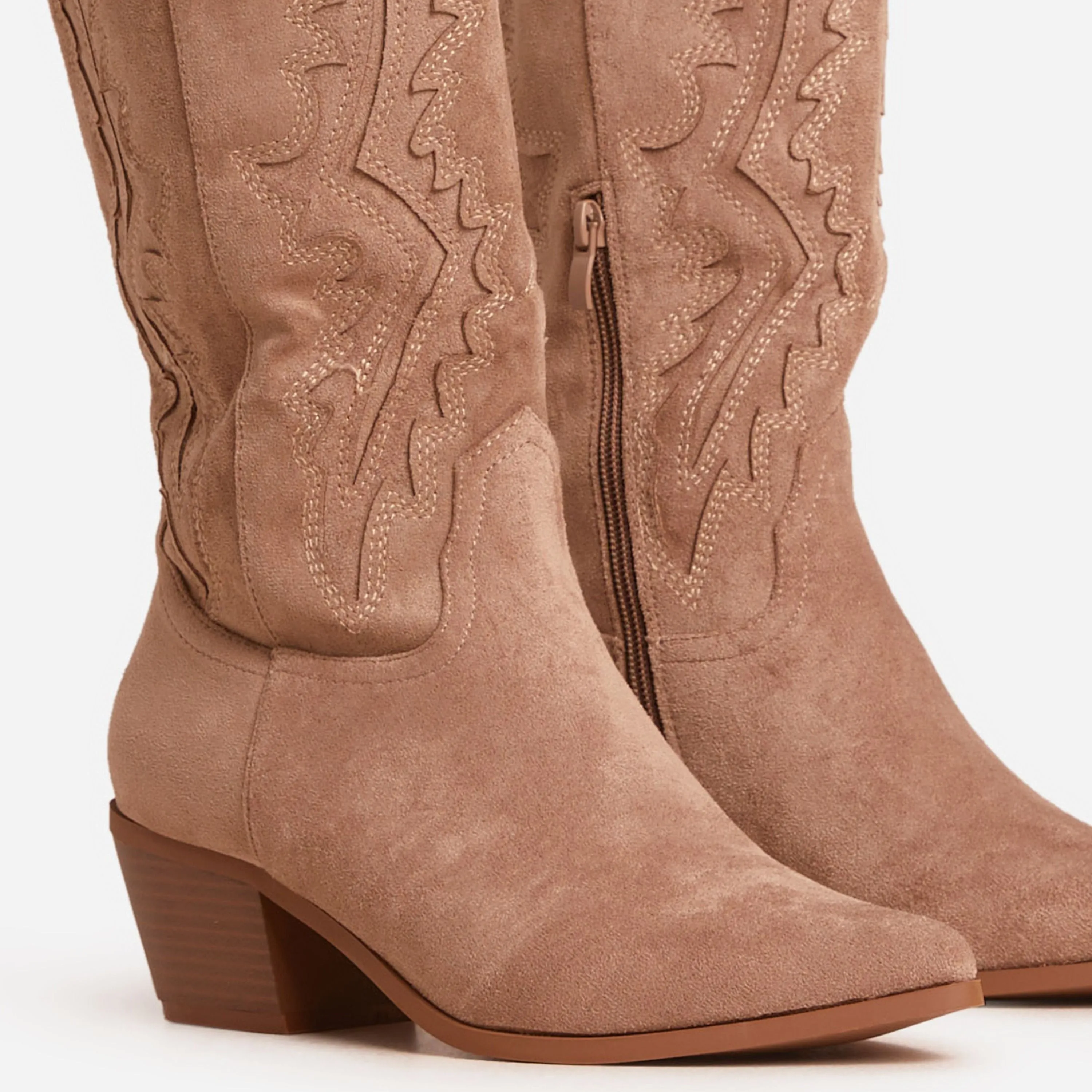 Victor Embroidered Detail Pointed Toe Mid Calf Western Cowboy Boot In Khaki Faux Suede
