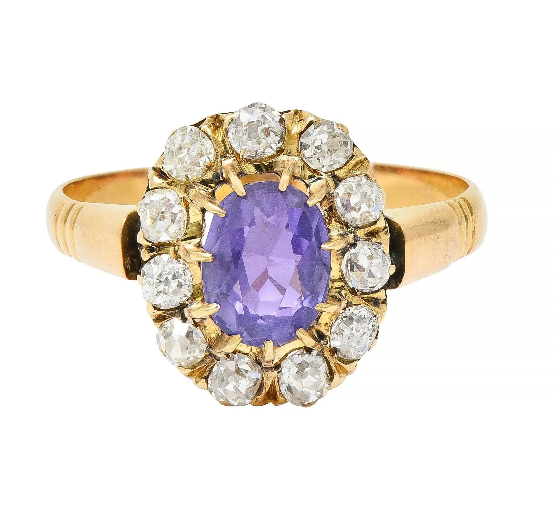 Victorian 1.78 CTW No Heat Ceylon Purple Sapphire 18 Karat Yellow Gold Antique Halo Ring GIA