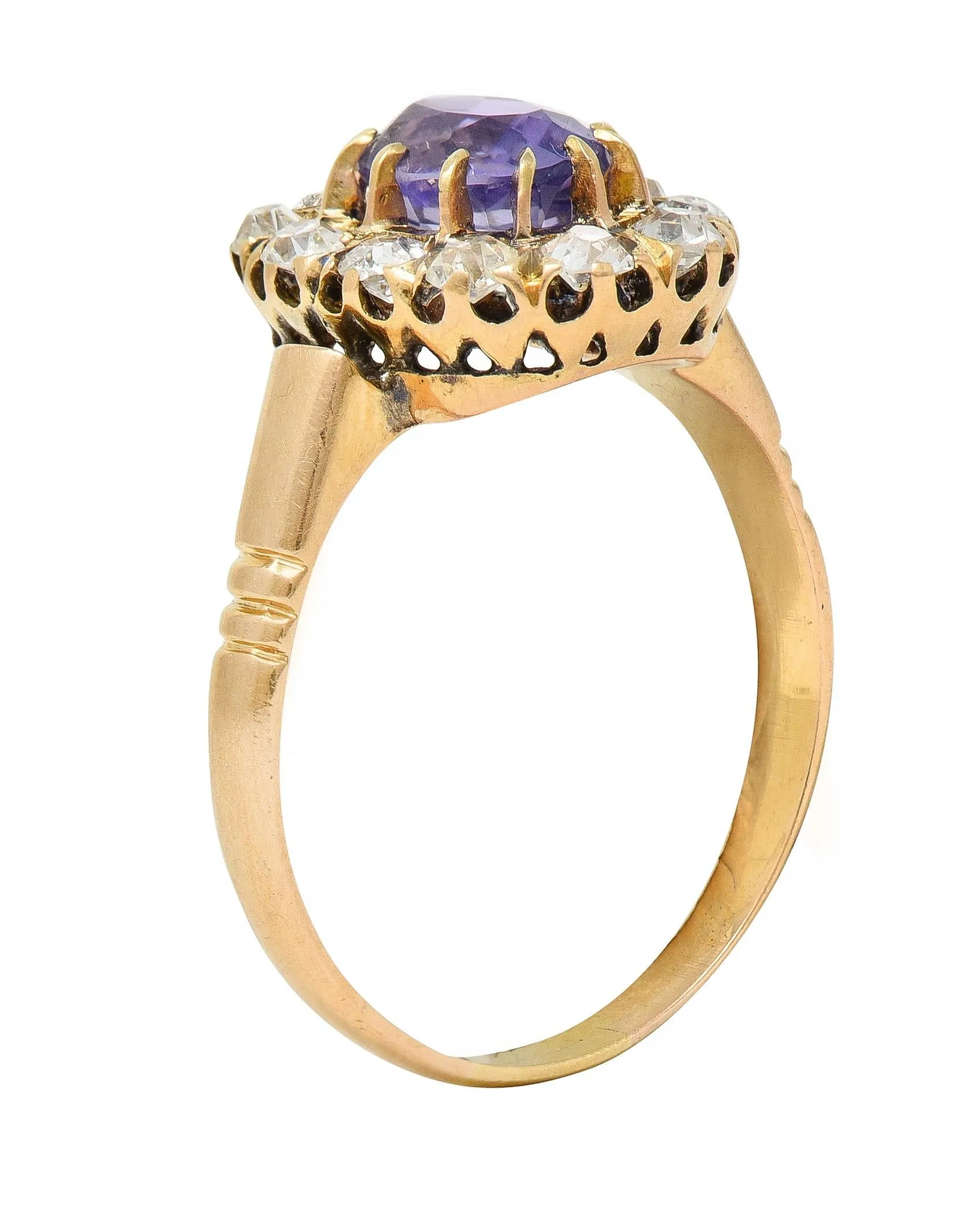 Victorian 1.78 CTW No Heat Ceylon Purple Sapphire 18 Karat Yellow Gold Antique Halo Ring GIA