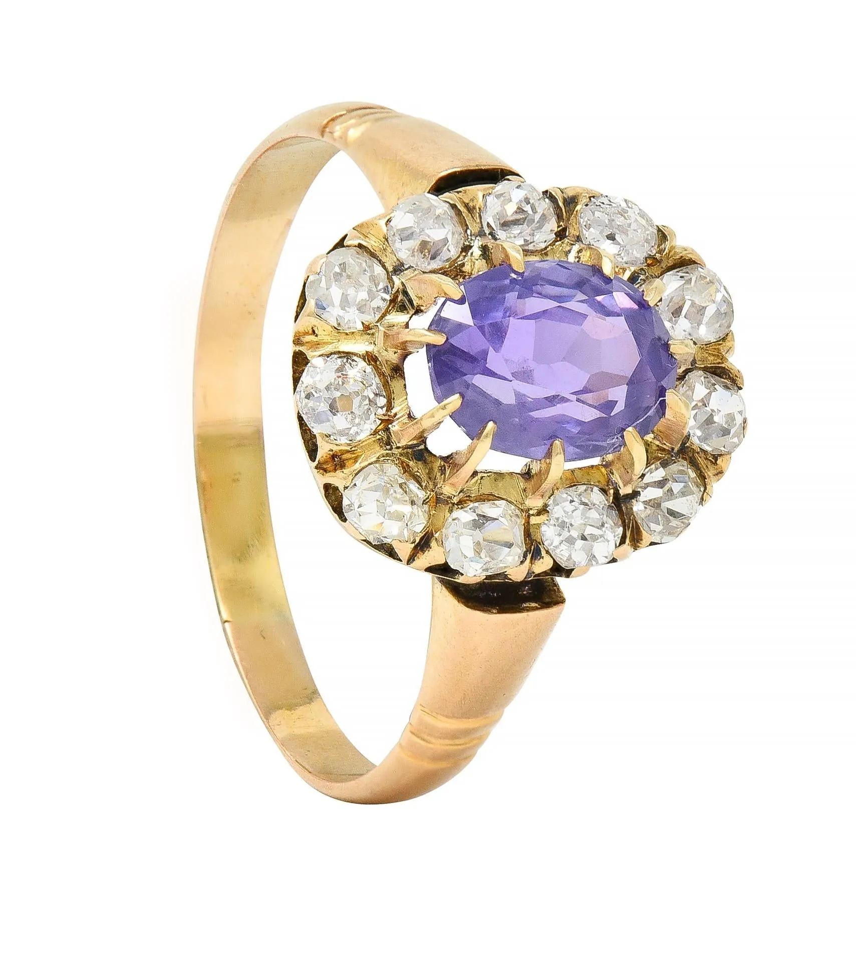 Victorian 1.78 CTW No Heat Ceylon Purple Sapphire 18 Karat Yellow Gold Antique Halo Ring GIA