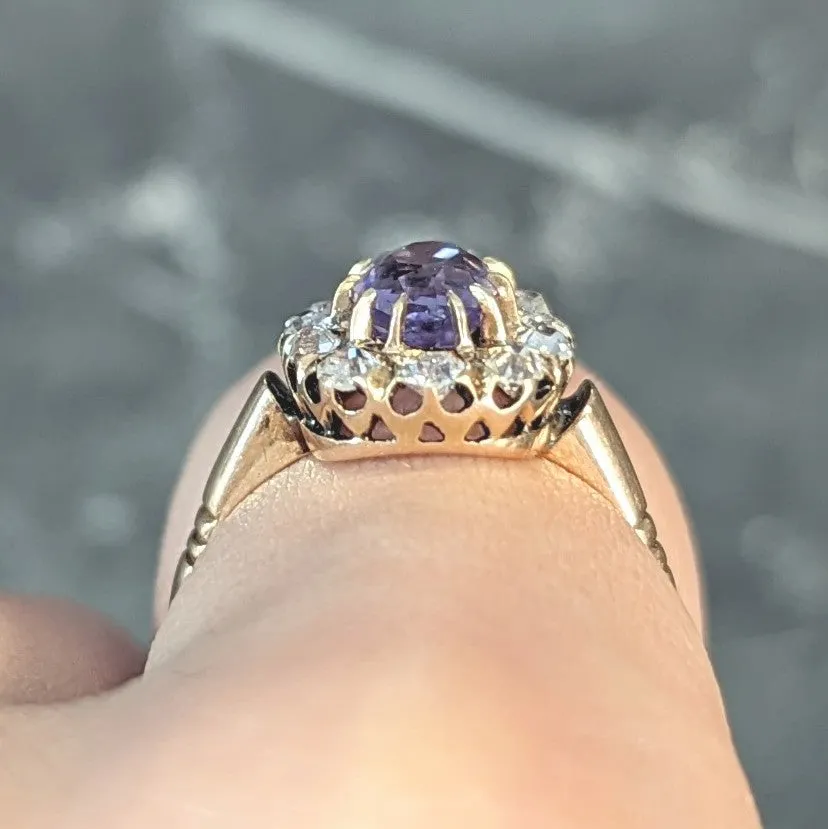 Victorian 1.78 CTW No Heat Ceylon Purple Sapphire 18 Karat Yellow Gold Antique Halo Ring GIA