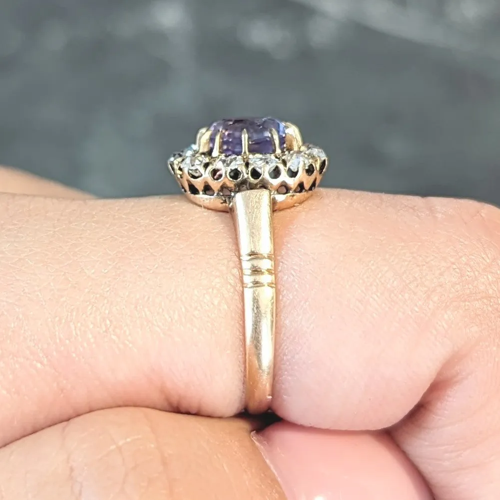 Victorian 1.78 CTW No Heat Ceylon Purple Sapphire 18 Karat Yellow Gold Antique Halo Ring GIA