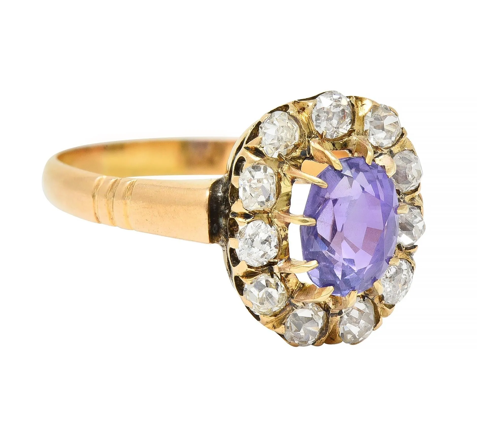 Victorian 1.78 CTW No Heat Ceylon Purple Sapphire 18 Karat Yellow Gold Antique Halo Ring GIA