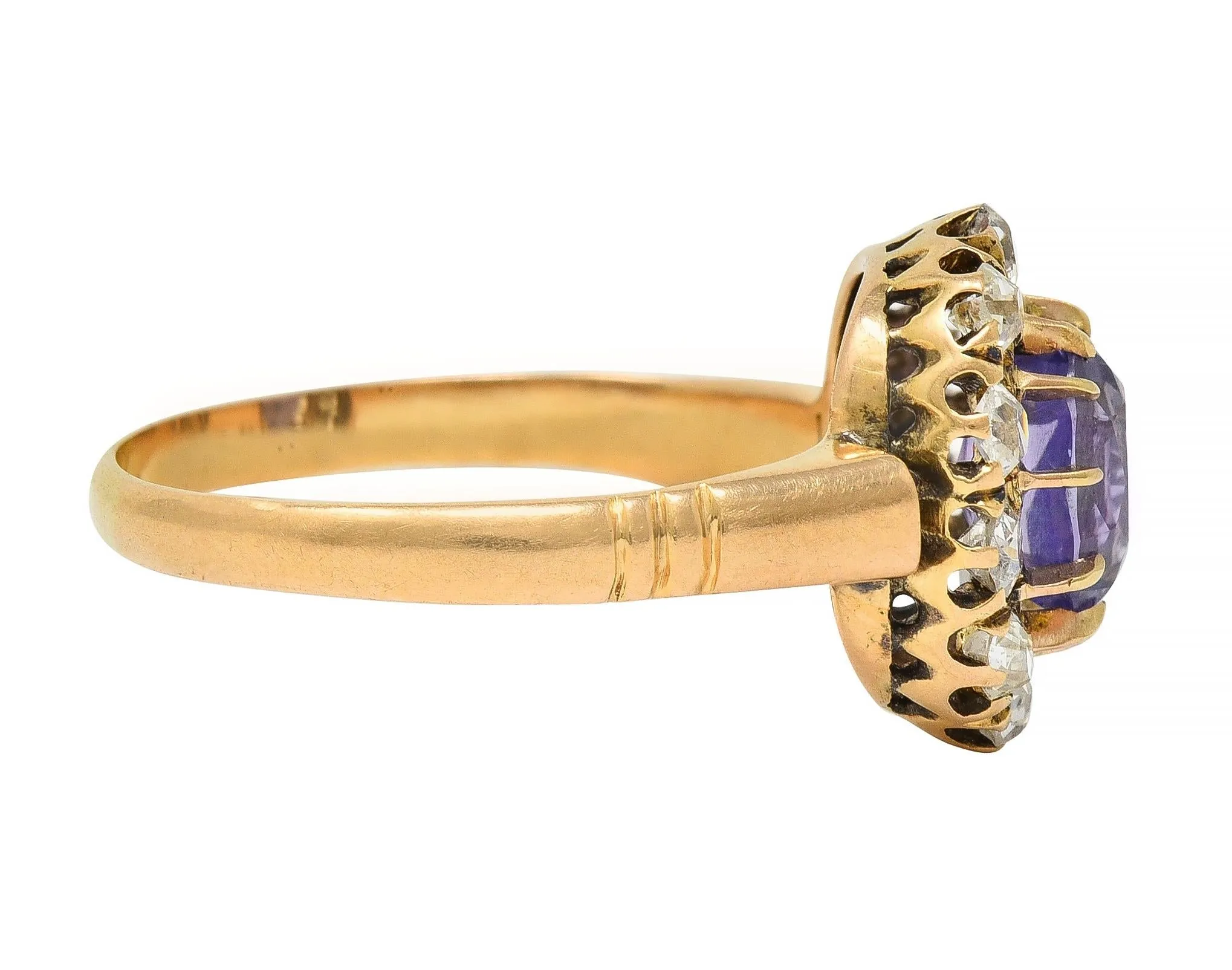 Victorian 1.78 CTW No Heat Ceylon Purple Sapphire 18 Karat Yellow Gold Antique Halo Ring GIA