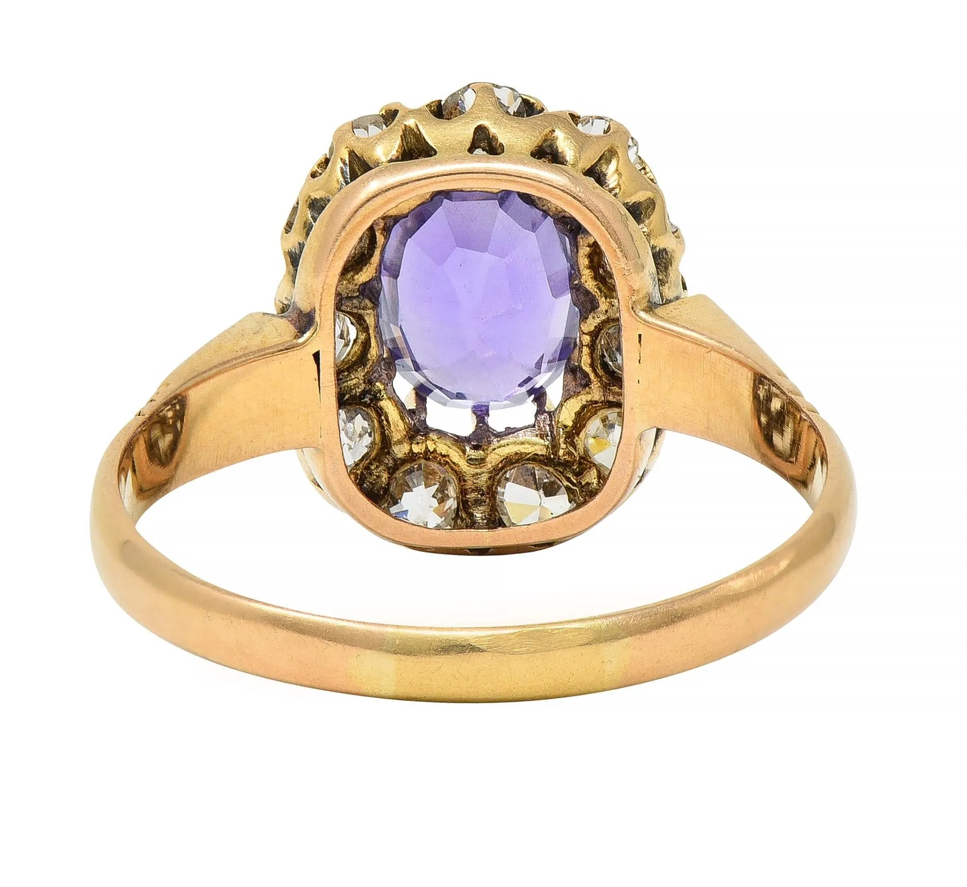 Victorian 1.78 CTW No Heat Ceylon Purple Sapphire 18 Karat Yellow Gold Antique Halo Ring GIA