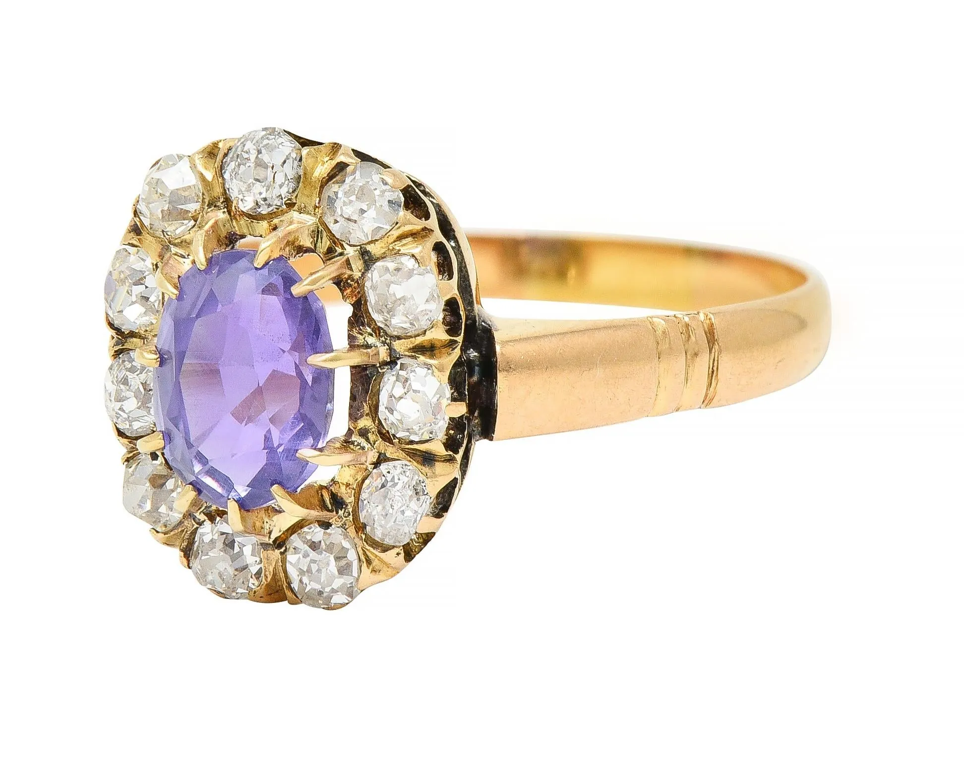 Victorian 1.78 CTW No Heat Ceylon Purple Sapphire 18 Karat Yellow Gold Antique Halo Ring GIA