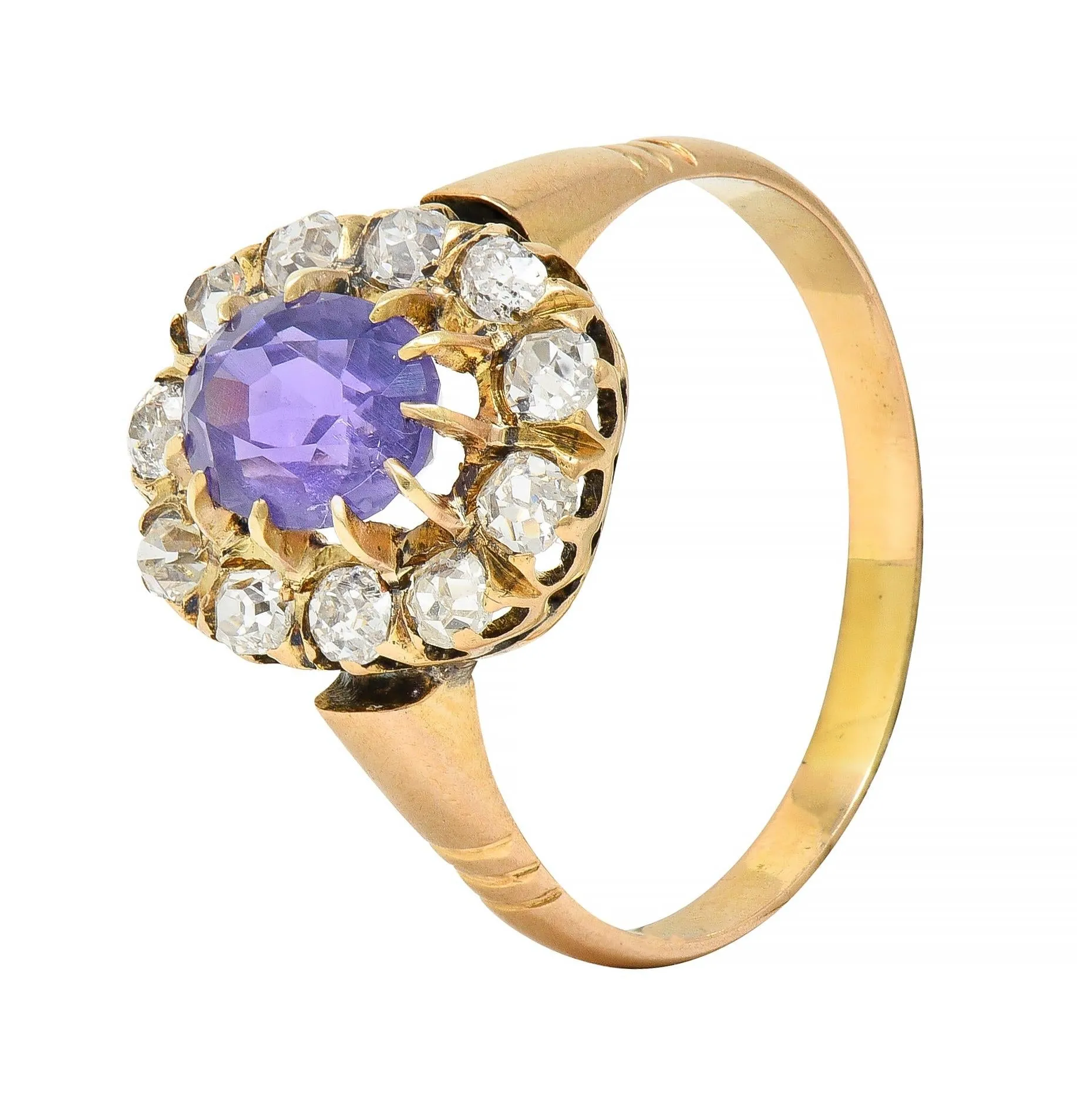 Victorian 1.78 CTW No Heat Ceylon Purple Sapphire 18 Karat Yellow Gold Antique Halo Ring GIA