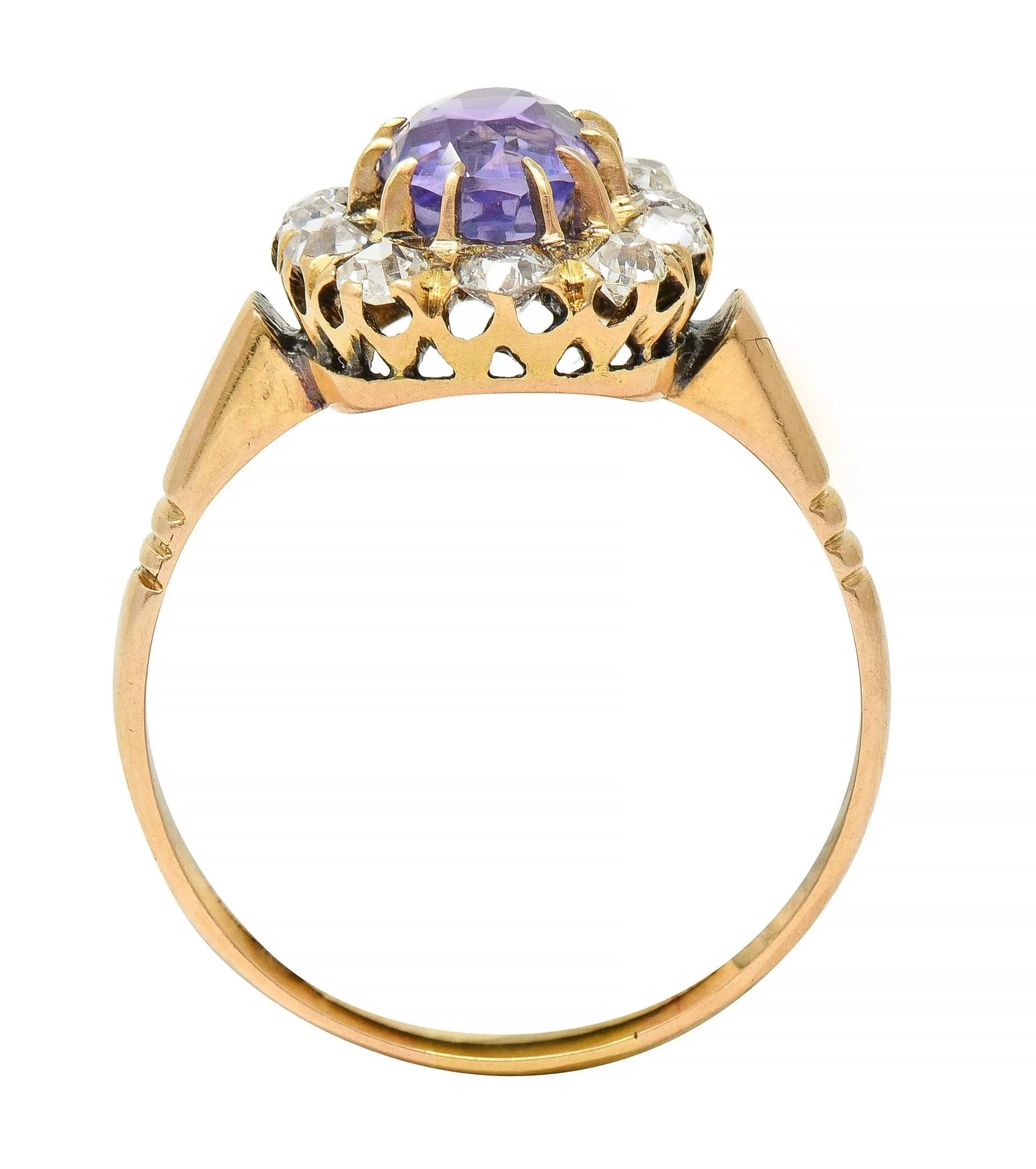 Victorian 1.78 CTW No Heat Ceylon Purple Sapphire 18 Karat Yellow Gold Antique Halo Ring GIA