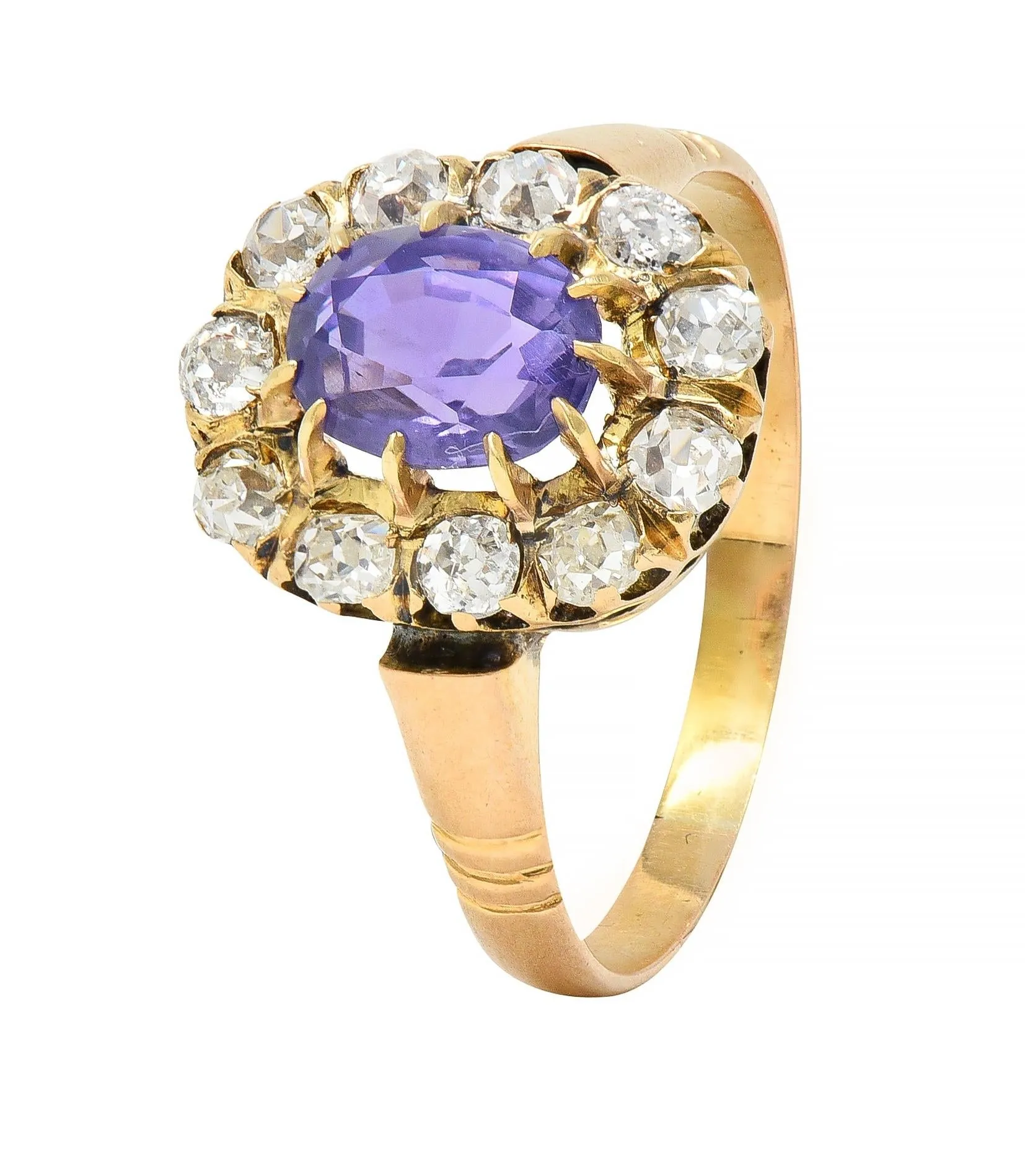 Victorian 1.78 CTW No Heat Ceylon Purple Sapphire 18 Karat Yellow Gold Antique Halo Ring GIA