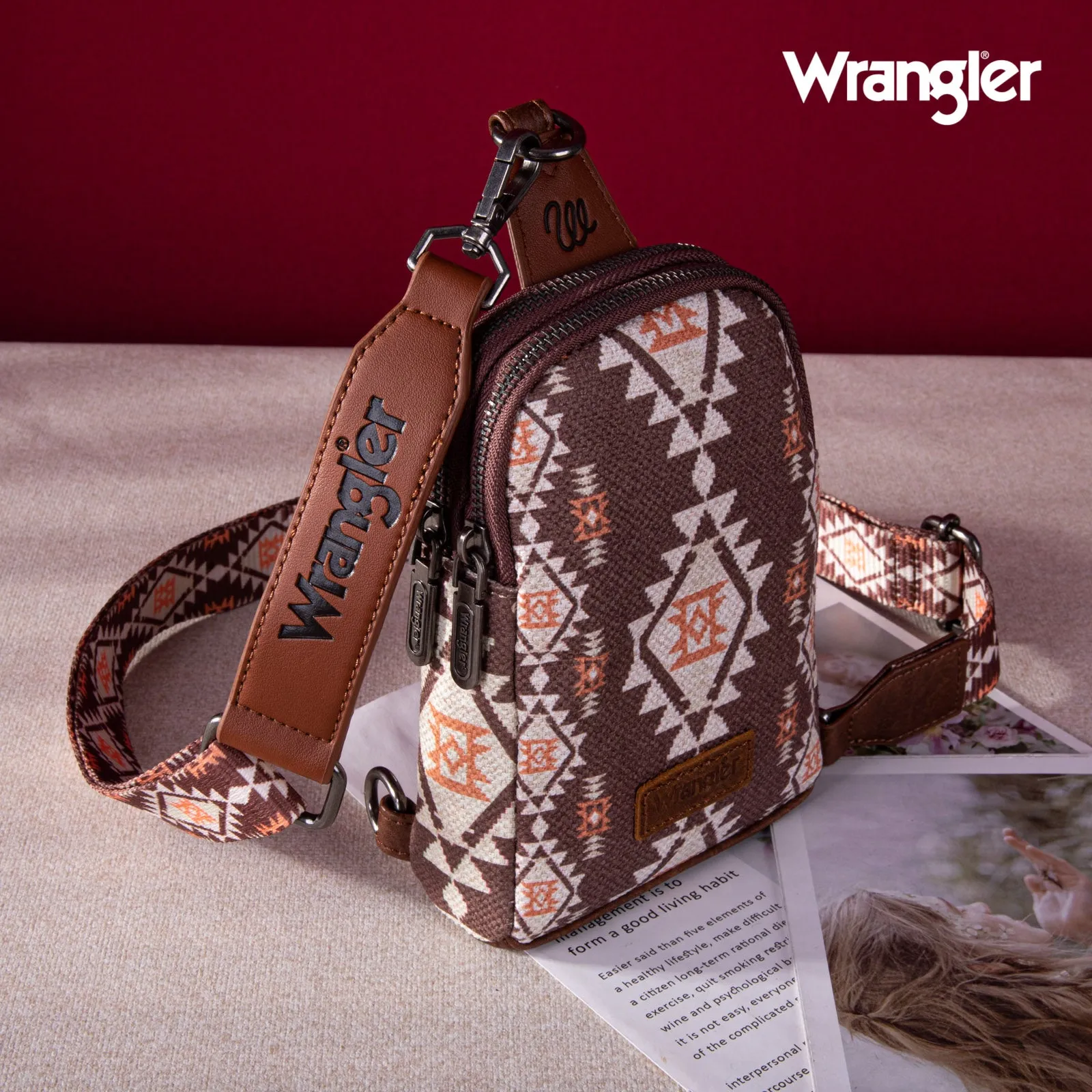 WG2205-210  Wrangler Aztec Print Crossbody Sling Chest Bag  - Coffee