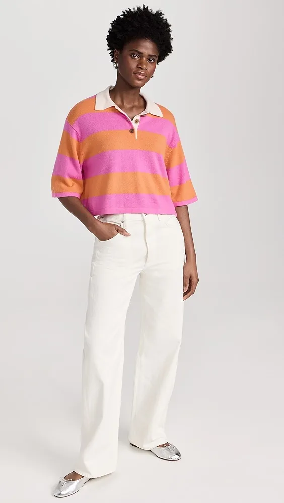 White + Warren   Cashmere Cropped Striped Polo 